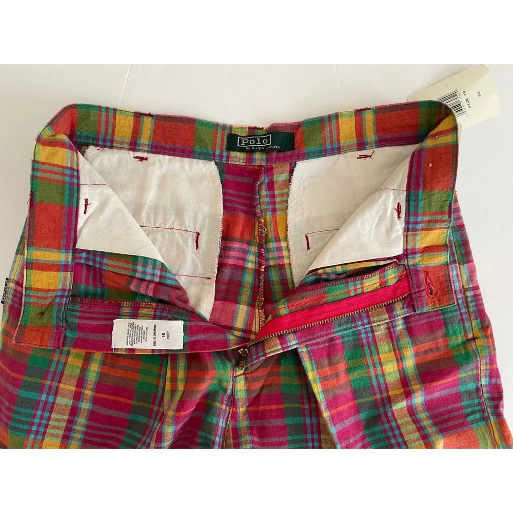 VTG Polo Ralph Lauren Tyler Madras Plaid Shorts Multi Pleated Cotton 18 Prep/29